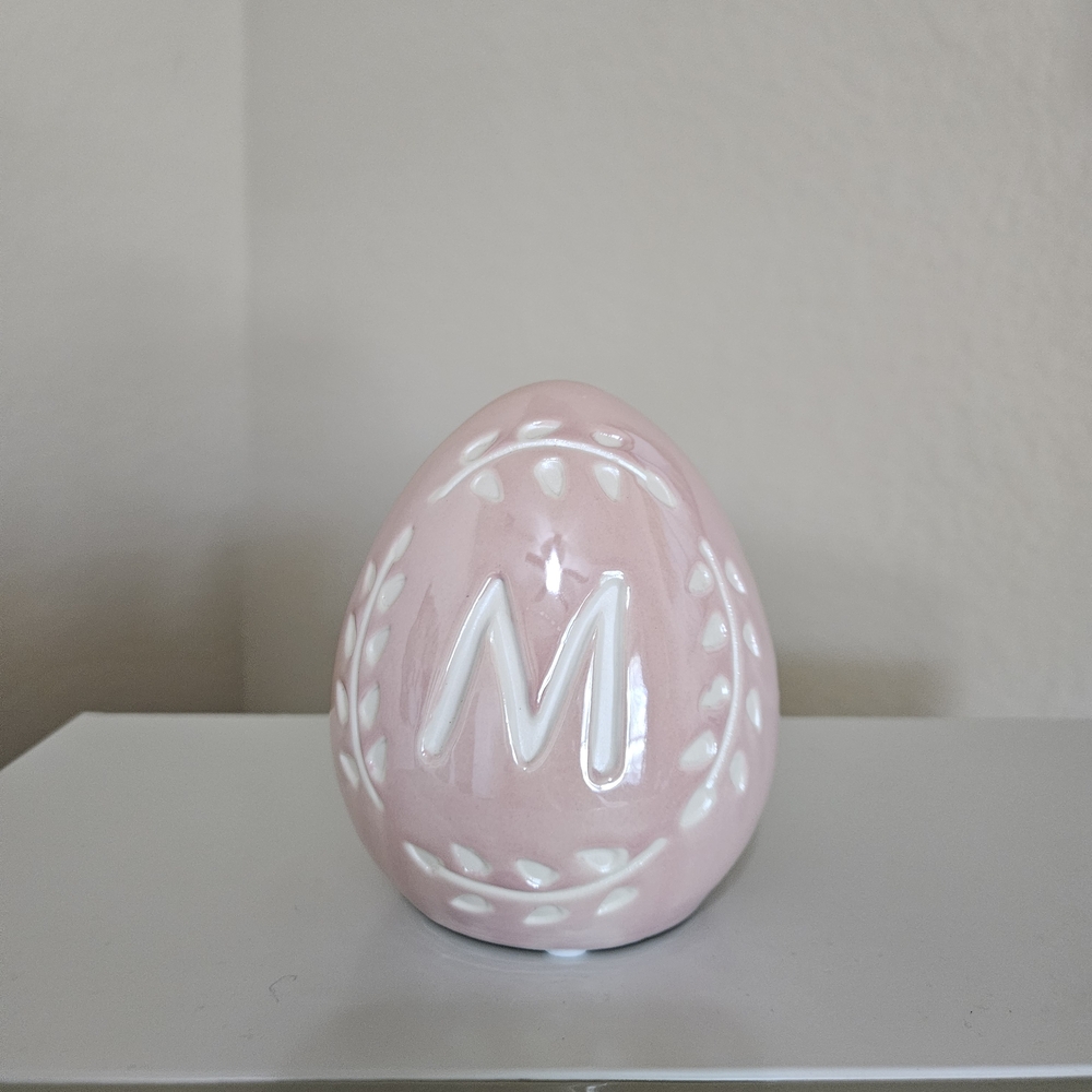 Pink Ceramic Decorative Egg with White Accents & A letter